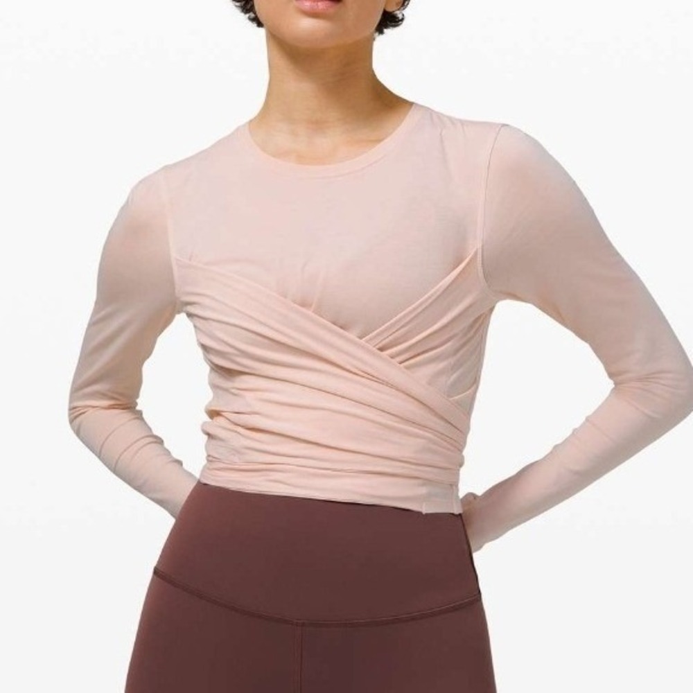 Lululemon Gather n Grow Long Sleeve Top Feather Pink Wrap Tie Back 8 pima cotton